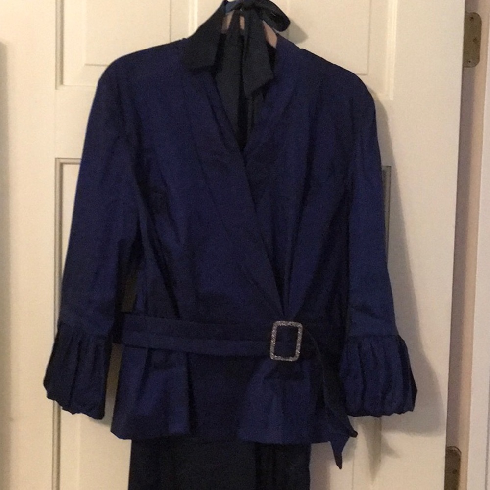 EUC,Alex EveningsXL+Donna Rocco14W,irradesentNavy JCKT,Matte satin halter dress.